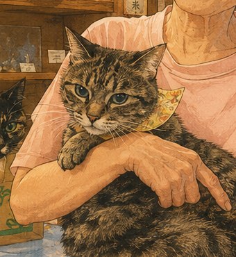 A brown tabby cat held gently in Yoshino-san's arms